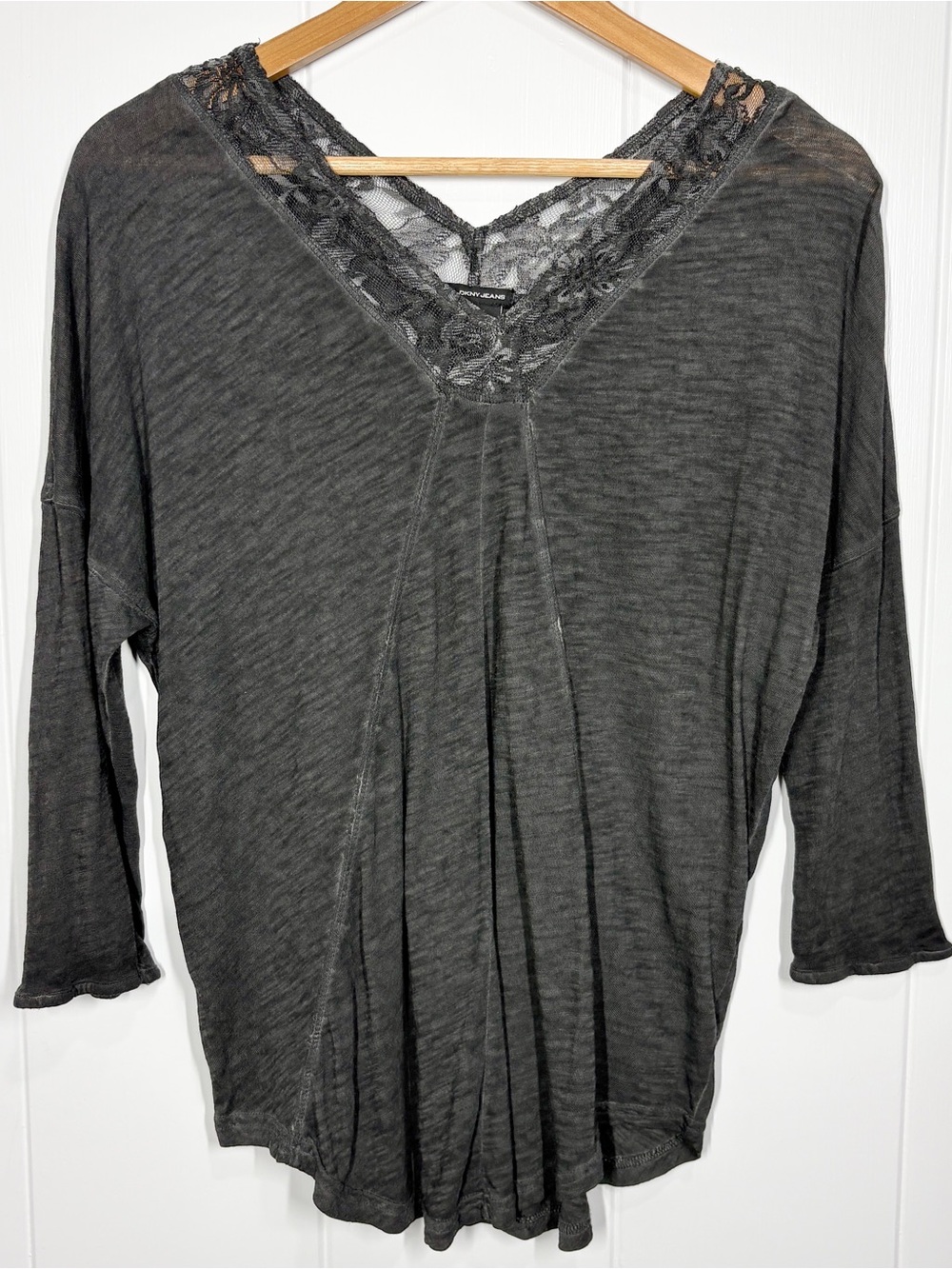 DKNY Jeans Gray Jersey Tunic Lace V-Neck 3/4 Sleeve Shirt Top Size Small